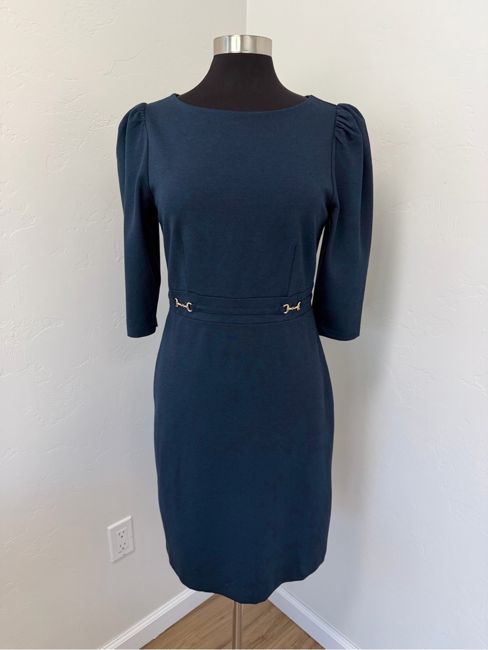 NWT Ann Taylor Dark Teal Sheath with Subtle Waist Hardware Midi Dress Size 8P